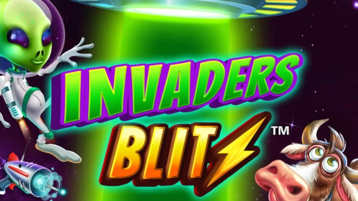 Interface do jogo de slot Invaders Blitz com tema de invasão alienígena