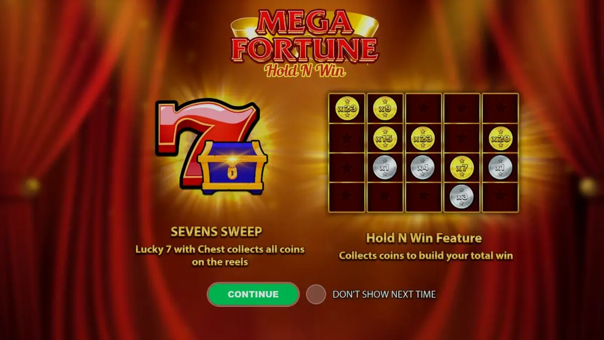 Interface do slot Mega Fortune Hold ‘n’ Win com símbolos clássicos de frutas e moedas brilhantes.
